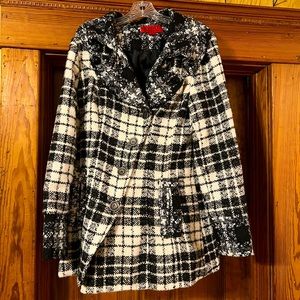 CoffeeShop Black and White Asymmetrical Button Womens Winter Pea Coat